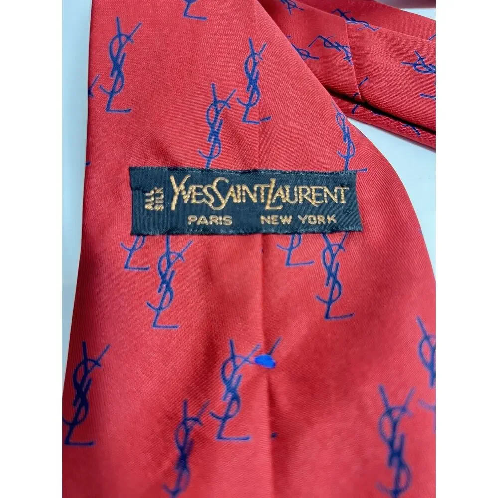 VINTAGE Yves Saint Laurent EUC Red Allover Monogram 100% Silk Tie 56